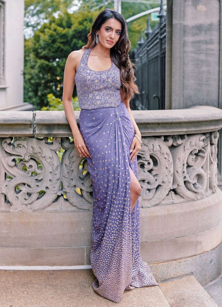 Lilac Georgette Slit Drape Skirt Set Chamee and Palak - Fabilicious Fashion