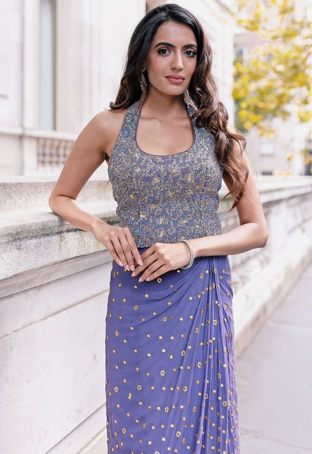 Lilac Georgette Slit Drape Skirt Set Chamee and Palak - Fabilicious Fashion