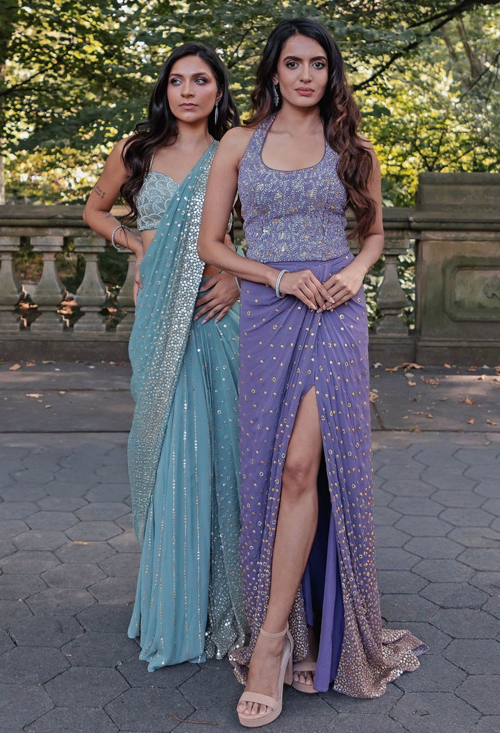 Lilac Georgette Slit Drape Skirt Set Chamee and Palak - Fabilicious Fashion