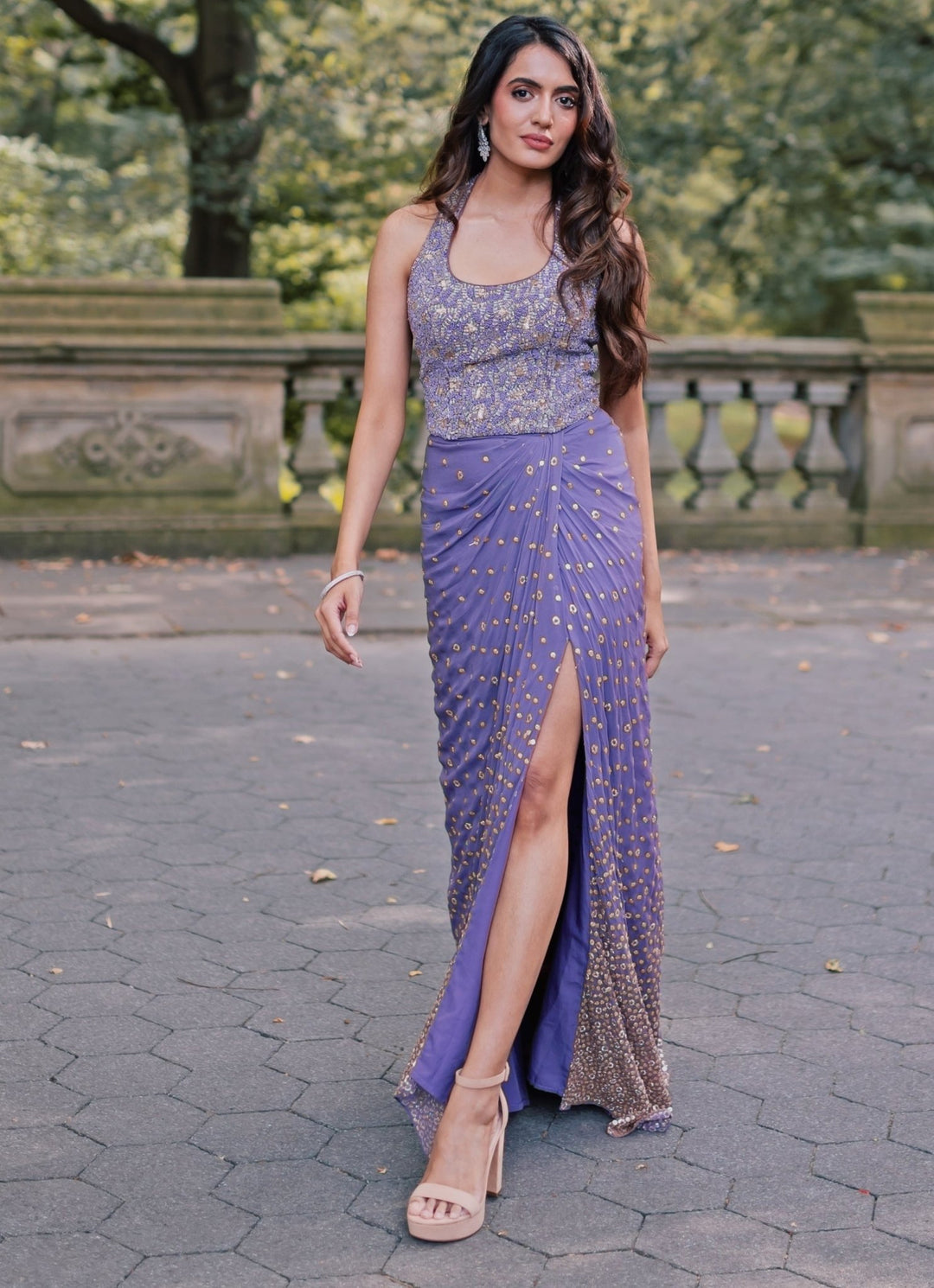 Lilac Georgette Slit Drape Skirt Set Chamee and Palak - Fabilicious Fashion