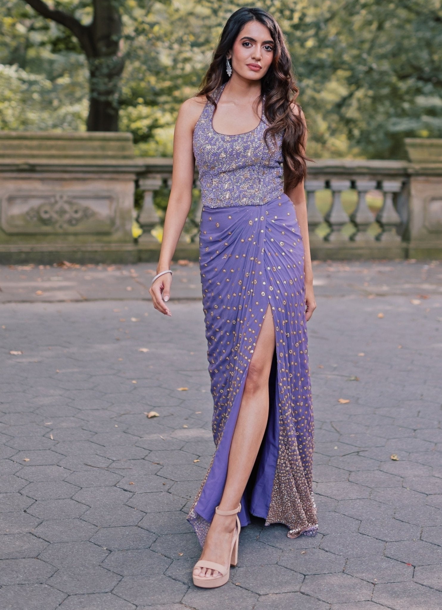Lilac slit drape skirt set for modern wedding guest by Chamee and Palak