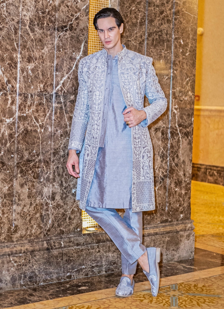 Lilac Grey Embroidered Sherwani Set Jigar and Nikita - Fabilicious Fashion