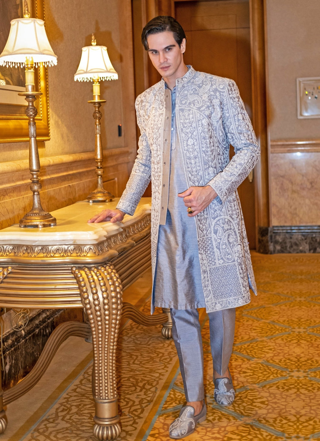 Lilac Grey Embroidered Sherwani Set Jigar and Nikita - Fabilicious Fashion
