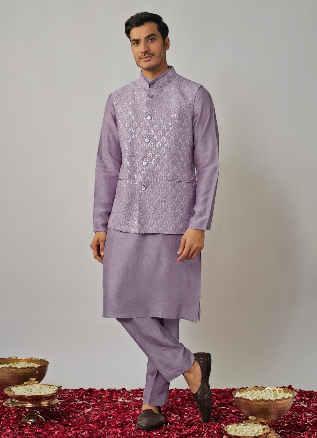 Lilac Kurta Pants with Embroidered Bandi Jacket Set Renee Label - Men - Fabilicious Fashion
