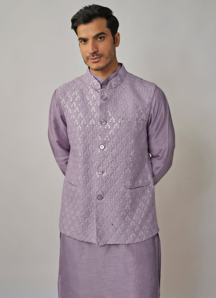 Lilac Kurta Pants with Embroidered Bandi Jacket Set Renee Label - Men - Fabilicious Fashion