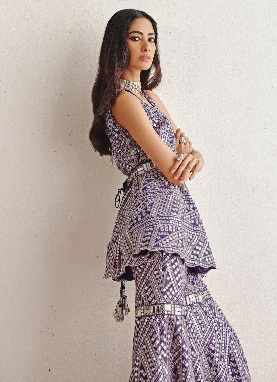 Lilac Mirrorwork Peplum Kurta Set With Sharara Twenty Nine - Fabilicious Fashion
