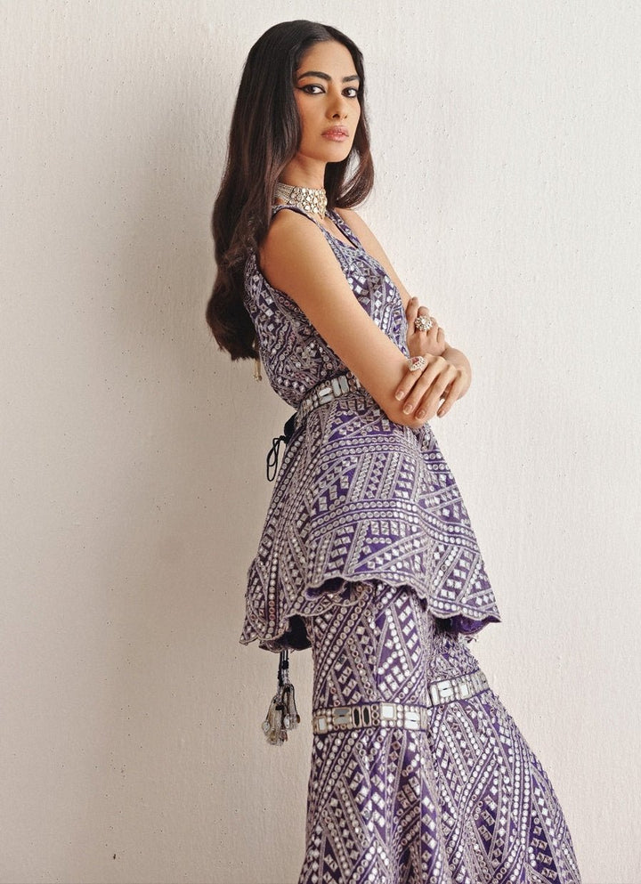 Lilac Mirrorwork Peplum Kurta Set With Sharara Twenty Nine - Fabilicious Fashion