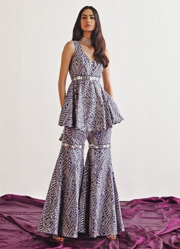 Lilac Mirrorwork Peplum Kurta Set With Sharara Twenty Nine - Fabilicious Fashion