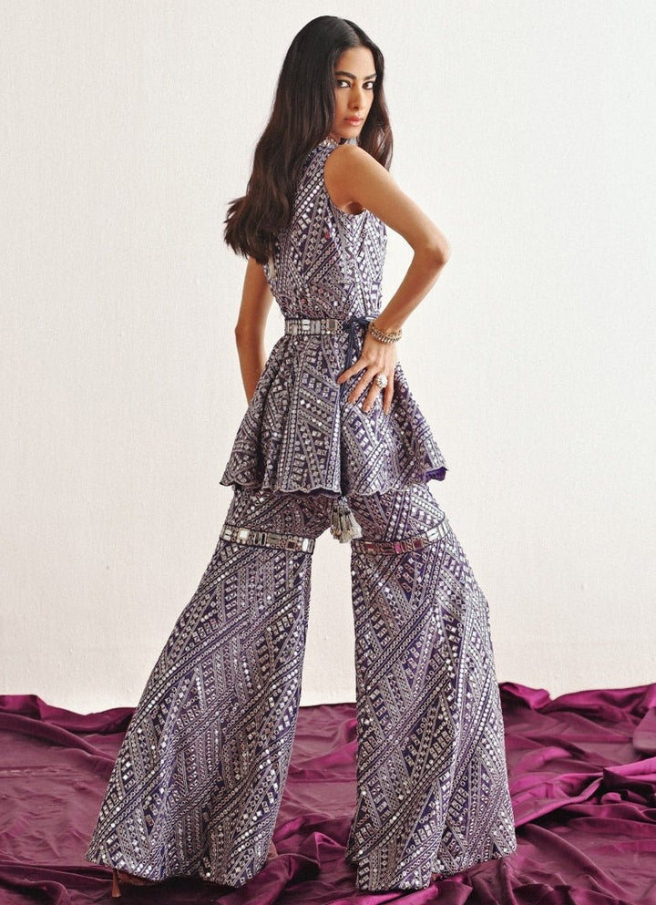 Lilac Mirrorwork Peplum Kurta Set With Sharara Twenty Nine - Fabilicious Fashion