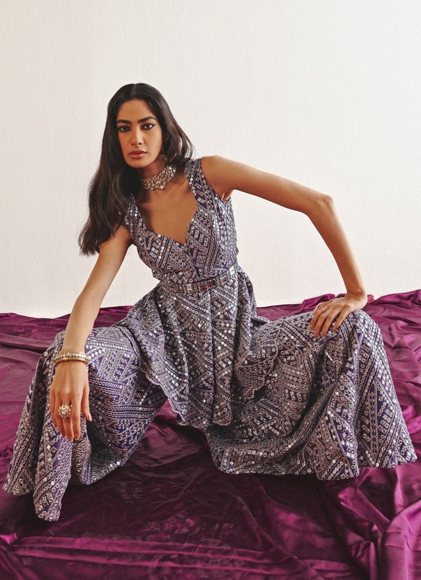 Lilac Mirrorwork Peplum Kurta Set With Sharara Twenty Nine - Fabilicious Fashion