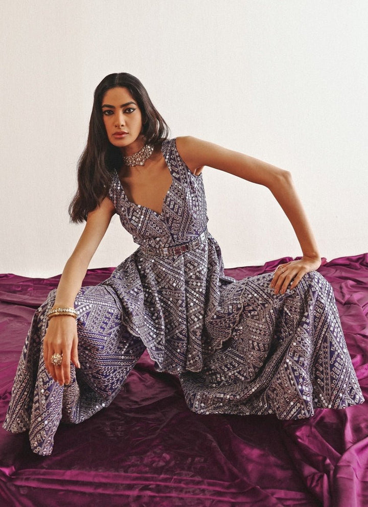 Lilac Mirrorwork Peplum Kurta Set With Sharara Twenty Nine - Fabilicious Fashion