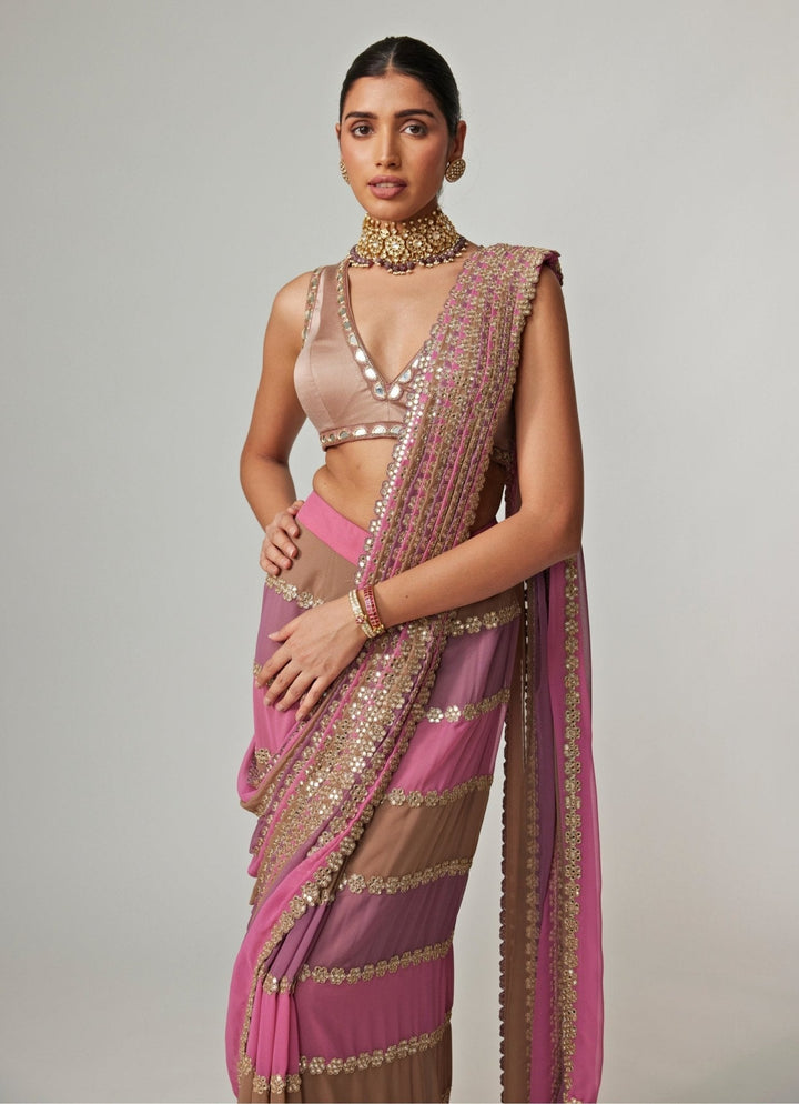 Lilac Multicolour Embroidered Georgette Predraped Saree Set Vvani by Vani Vats - Fabilicious Fashion