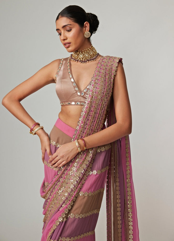 Lilac Multicolour Embroidered Georgette Predraped Saree Set Vvani by Vani Vats - Fabilicious Fashion
