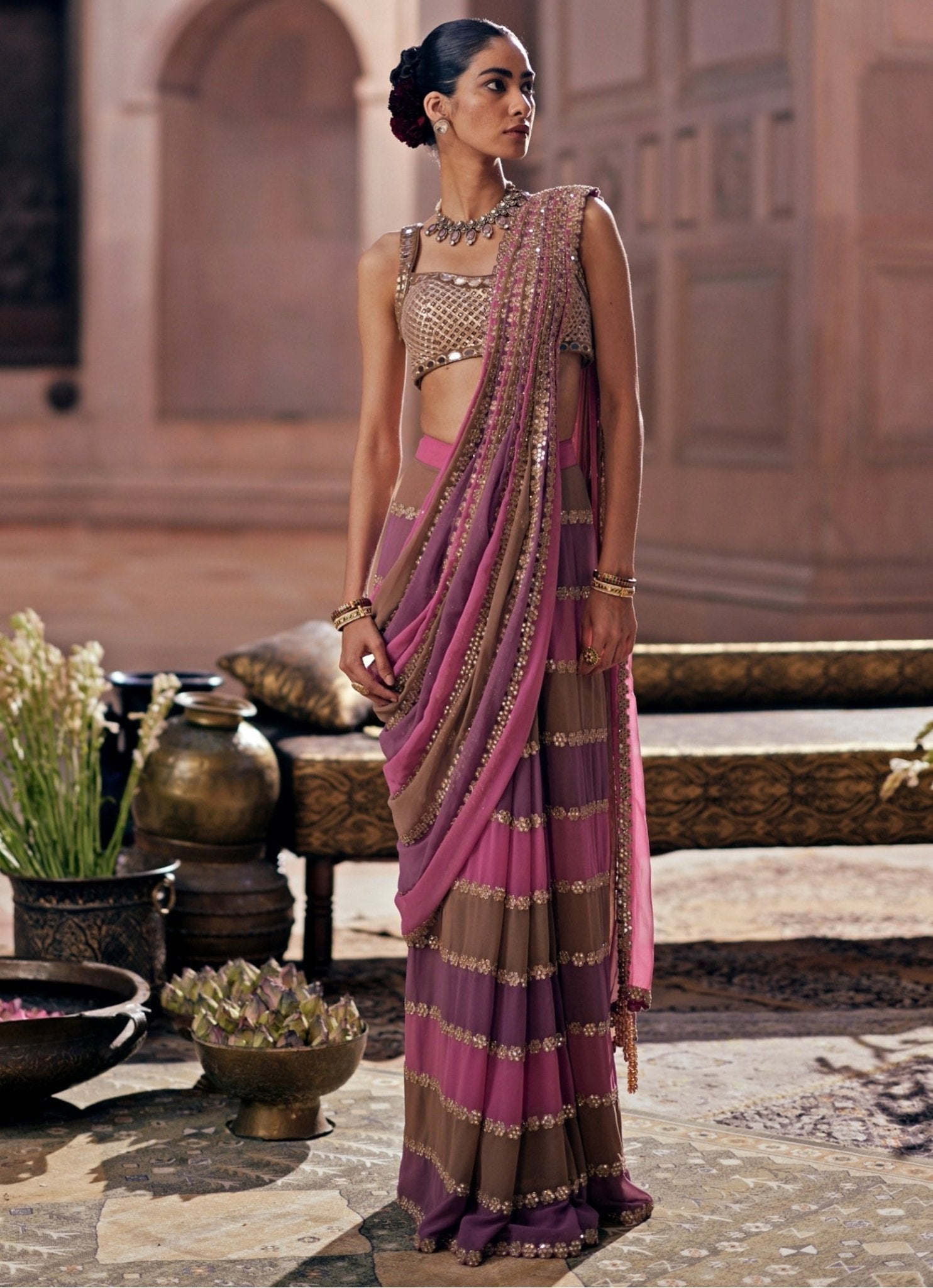 Lilac Multicolour Embroidered Georgette Saree by Vvani by Vani Vats from Fabilicious