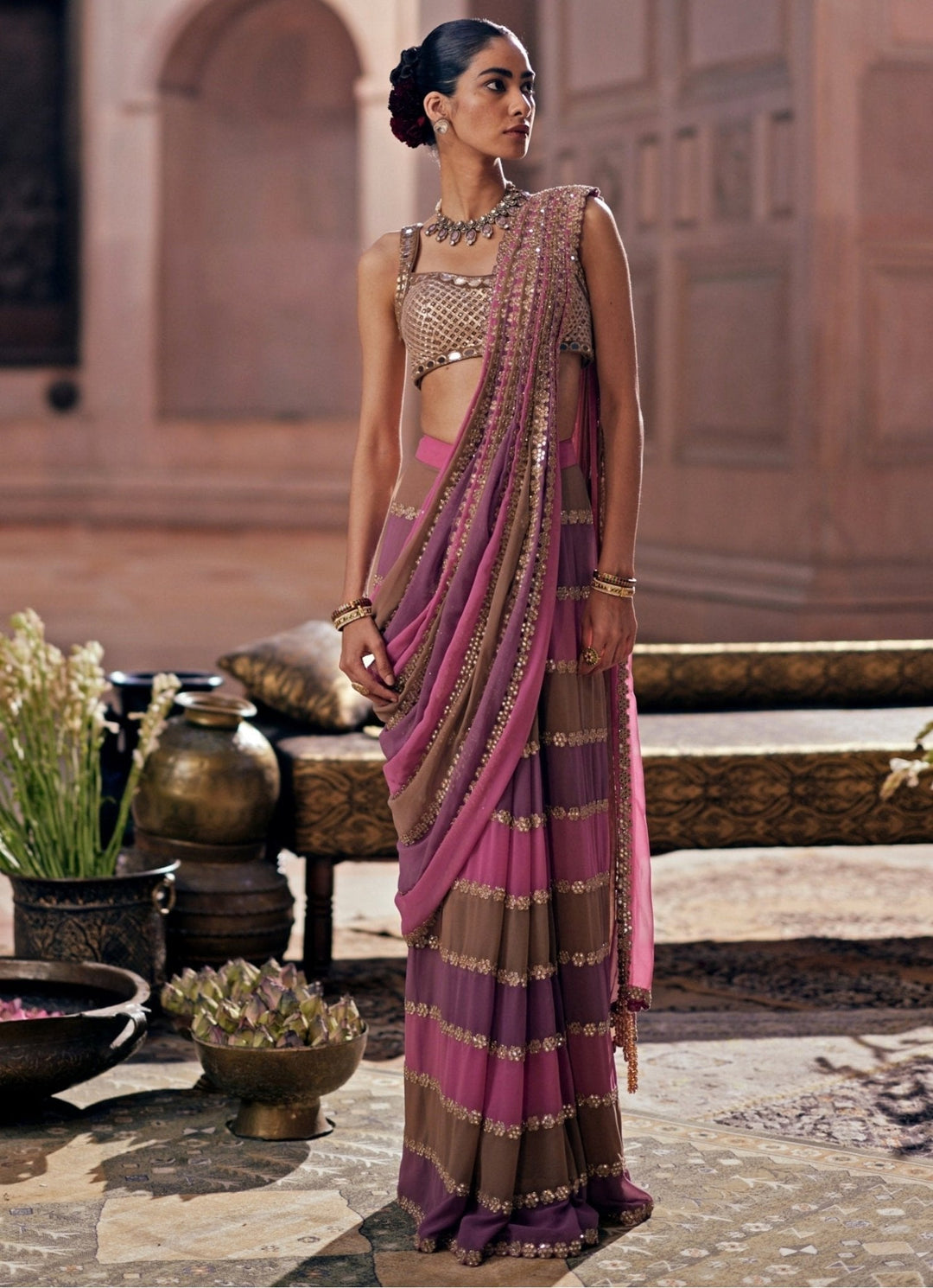 Lilac Multicolour Embroidered Georgette Predraped Saree Set Vvani by Vani Vats - Fabilicious Fashion