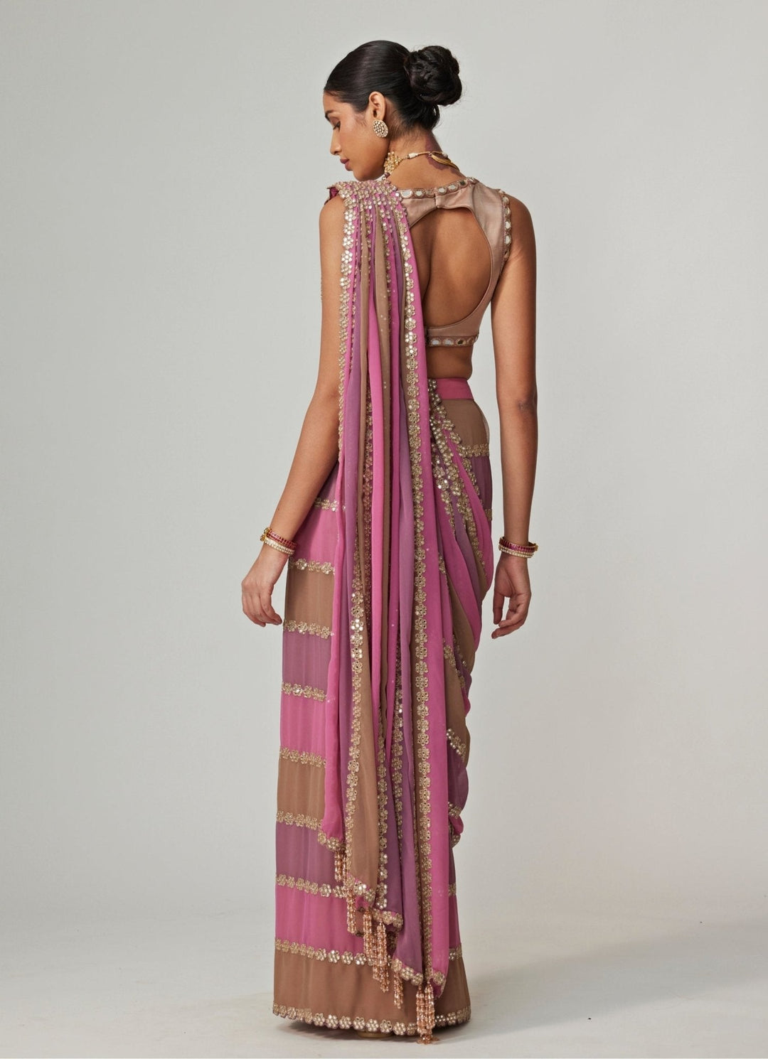 Lilac Multicolour Embroidered Georgette Predraped Saree Set Vvani by Vani Vats - Fabilicious Fashion