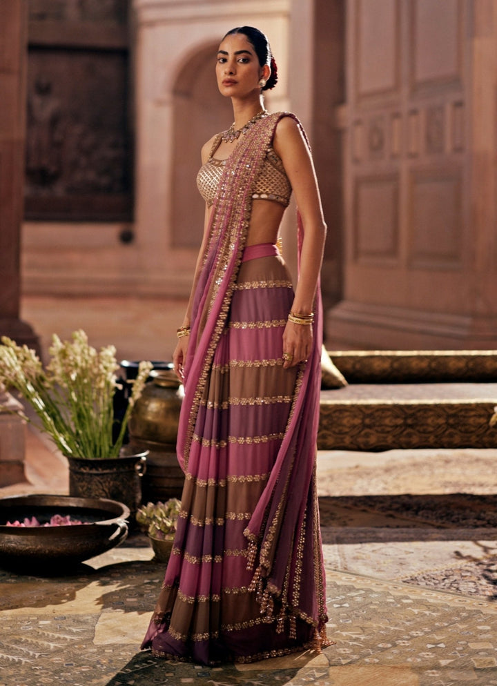 Lilac Multicolour Embroidered Georgette Predraped Saree Set Vvani by Vani Vats - Fabilicious Fashion