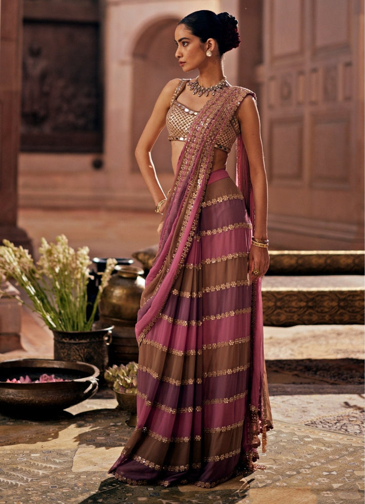 Lilac Multicolour Embroidered Georgette Predraped Saree Set Vvani by Vani Vats - Fabilicious Fashion
