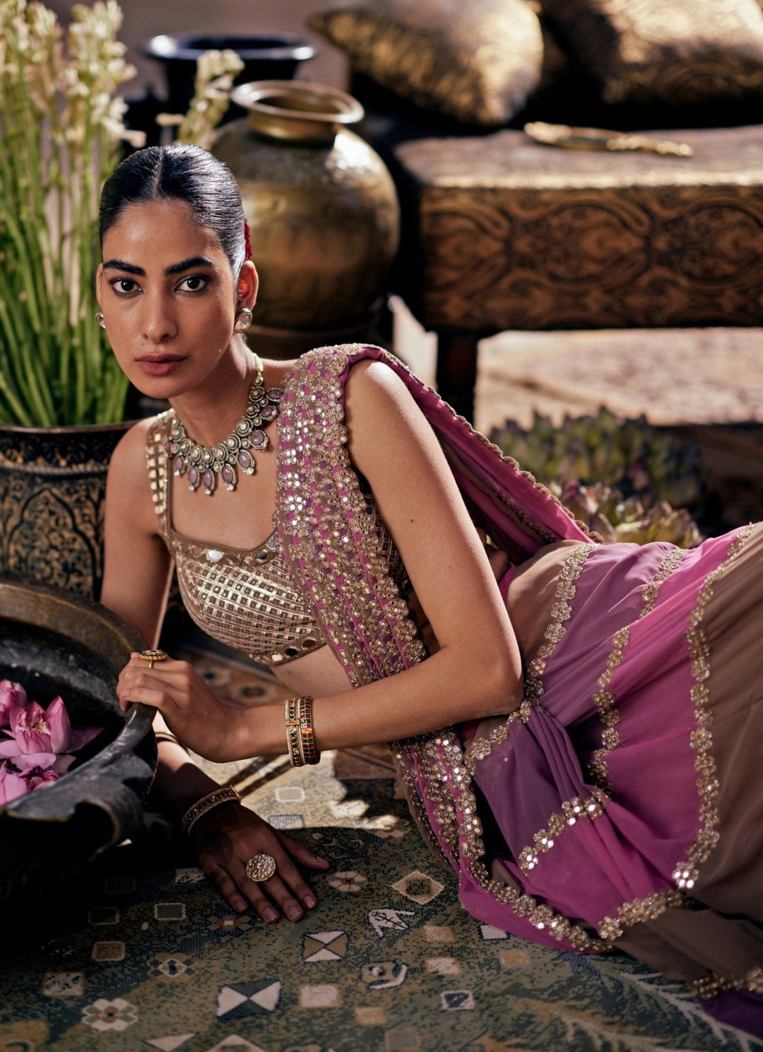 Lilac Multicolour Embroidered Georgette Predraped Saree Set Vvani by Vani Vats - Fabilicious Fashion