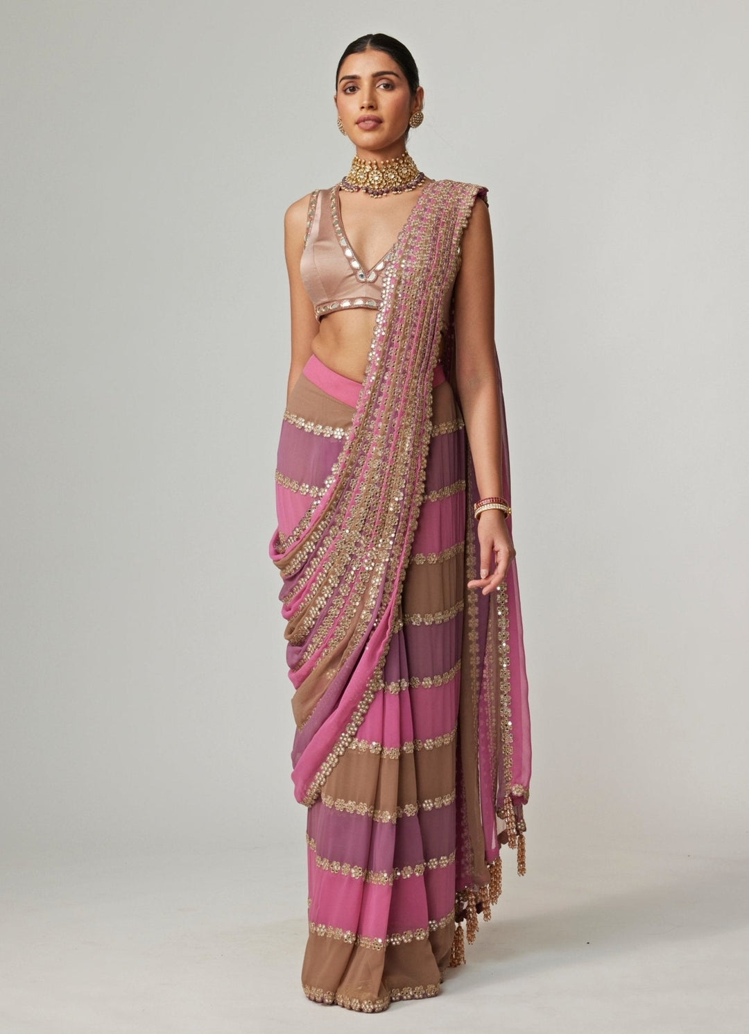 Lilac Multicolour Embroidered Georgette Predraped Saree Set Vvani by Vani Vats - Fabilicious Fashion