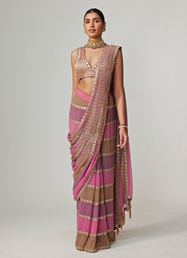 Lilac Multicolour Embroidered Georgette Predraped Saree Set Vvani by Vani Vats - Fabilicious Fashion