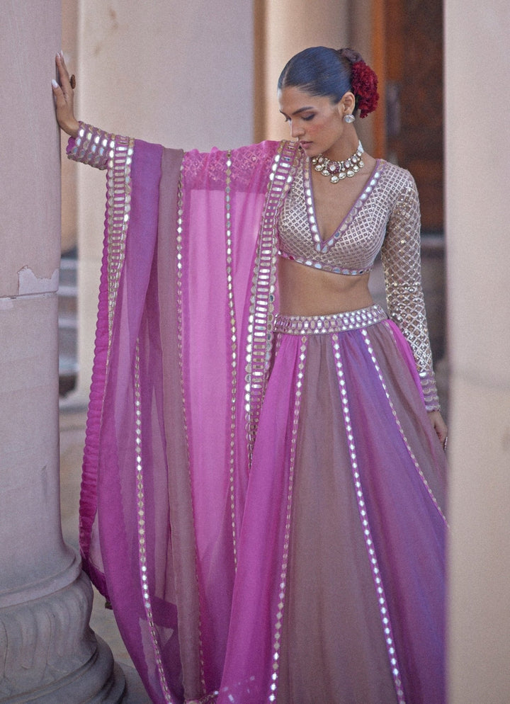 Lilac Multicolour Embroidered Lehenga Set With V Neck Blouse Vvani by Vani Vats - Fabilicious Fashion