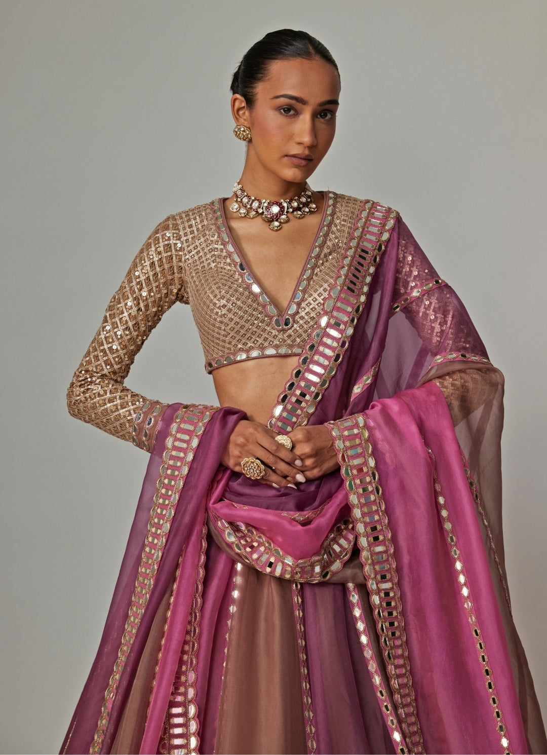 Lilac Multicolour Embroidered Lehenga Set With V Neck Blouse Vvani by Vani Vats - Fabilicious Fashion