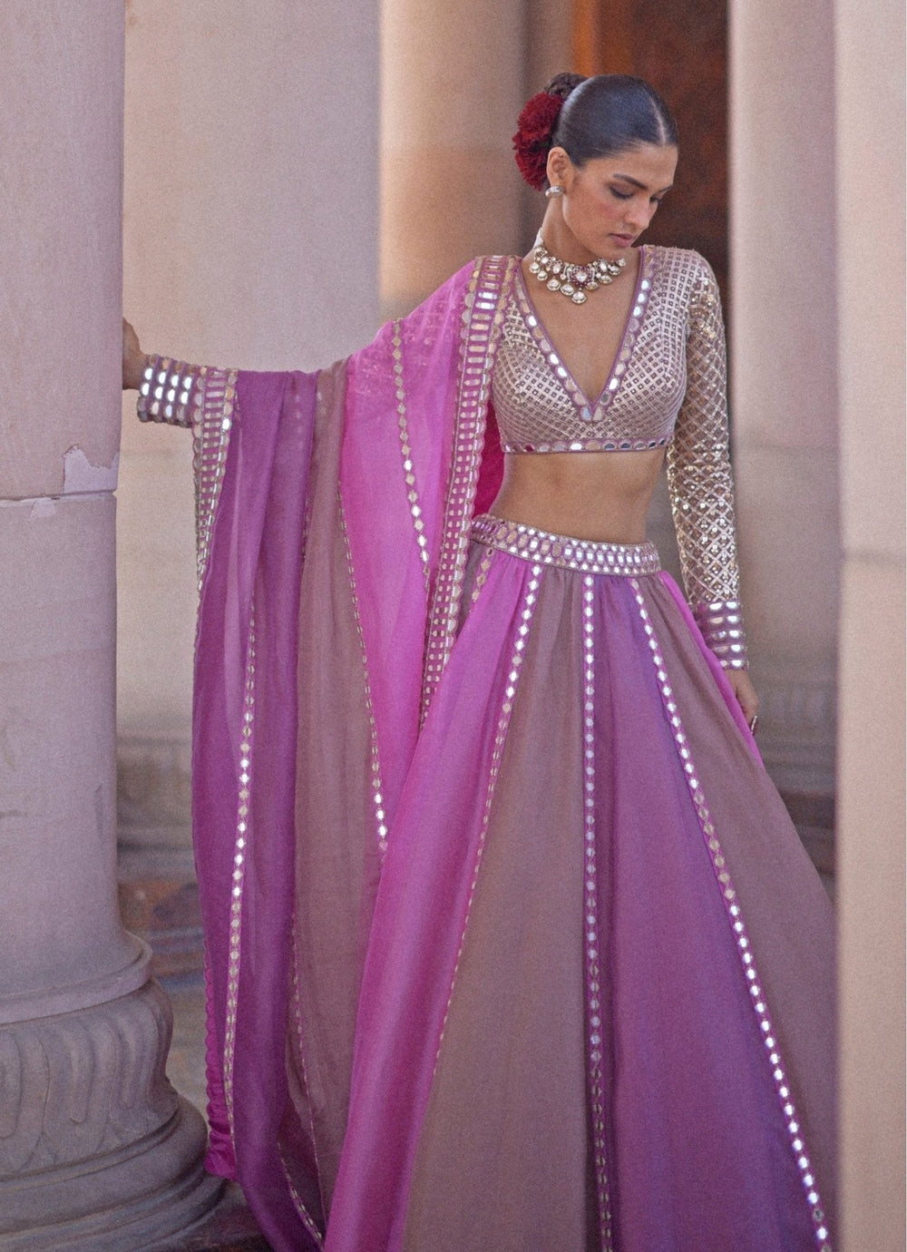 Lilac Multicolour Embroidered Lehenga Set With V Neck Blouse Vvani by Vani Vats - Fabilicious Fashion