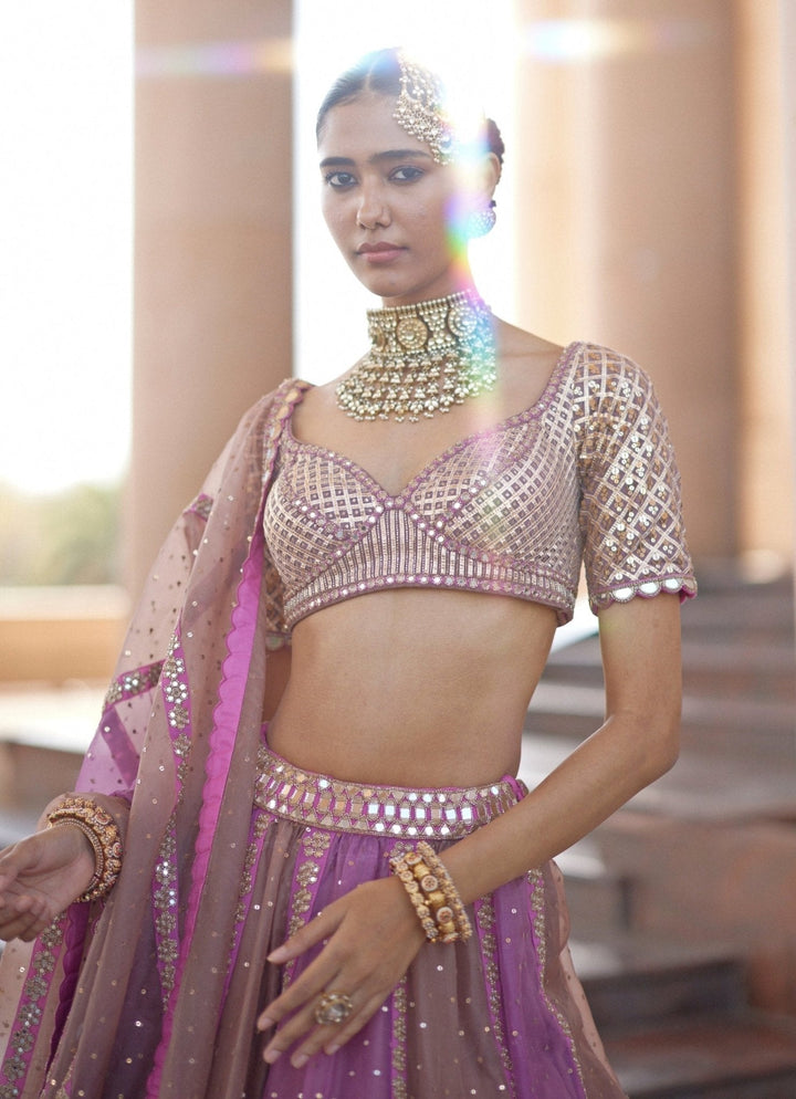 Lilac Multicolour Embroidered Lehenga With Half Sleeve Blouse Vvani by Vani Vats - Fabilicious Fashion