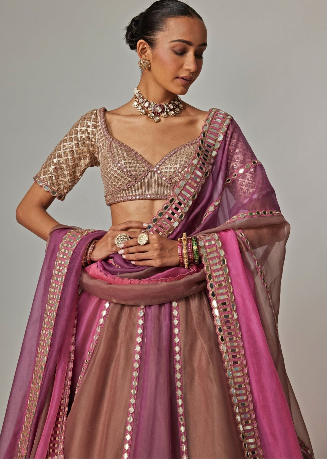 Lilac Multicolour Embroidered Lehenga With Half Sleeve Blouse Vvani by Vani Vats - Fabilicious Fashion