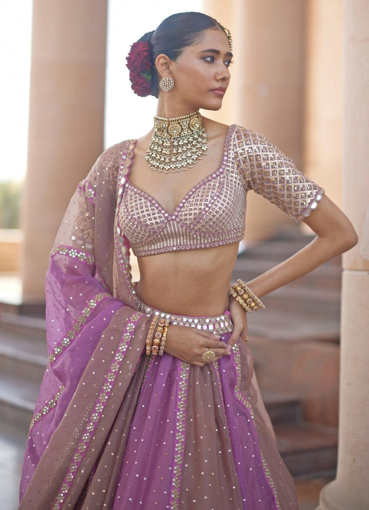 Lilac Multicolour Embroidered Lehenga With Half Sleeve Blouse Vvani by Vani Vats - Fabilicious Fashion