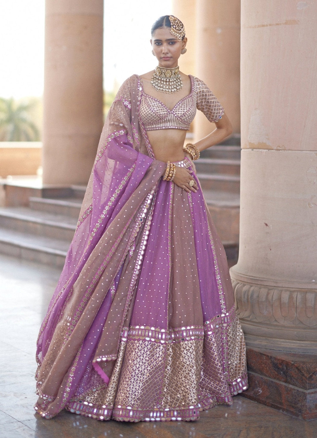 Lilac Multicolour Embroidered Lehenga With Half Sleeve Blouse Vvani by Vani Vats - Fabilicious Fashion