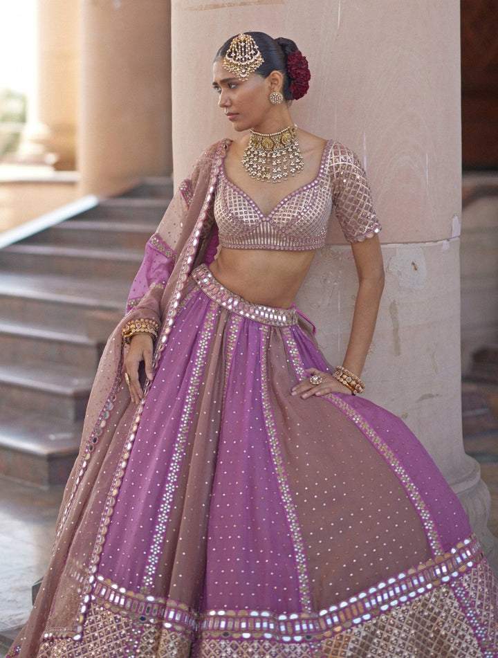 Lilac Multicolour Embroidered Lehenga With Half Sleeve Blouse Vvani by Vani Vats - Fabilicious Fashion