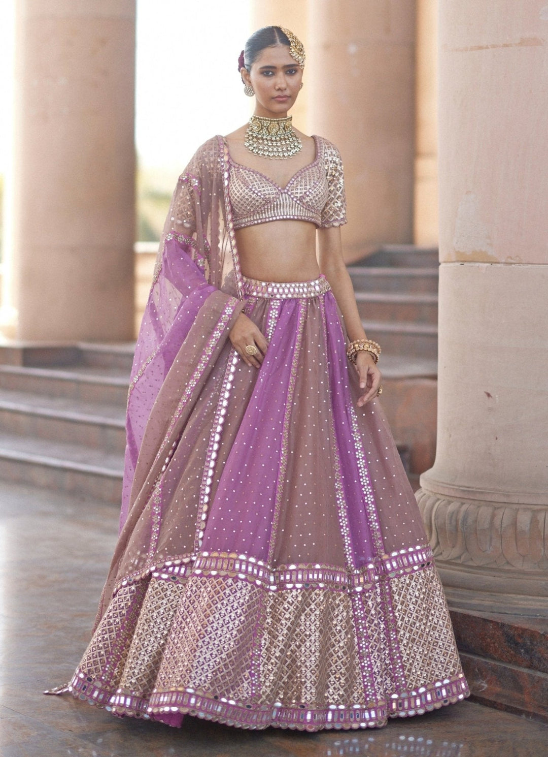 Lilac Multicolour Embroidered Lehenga With Half Sleeve Blouse Vvani by Vani Vats - Fabilicious Fashion