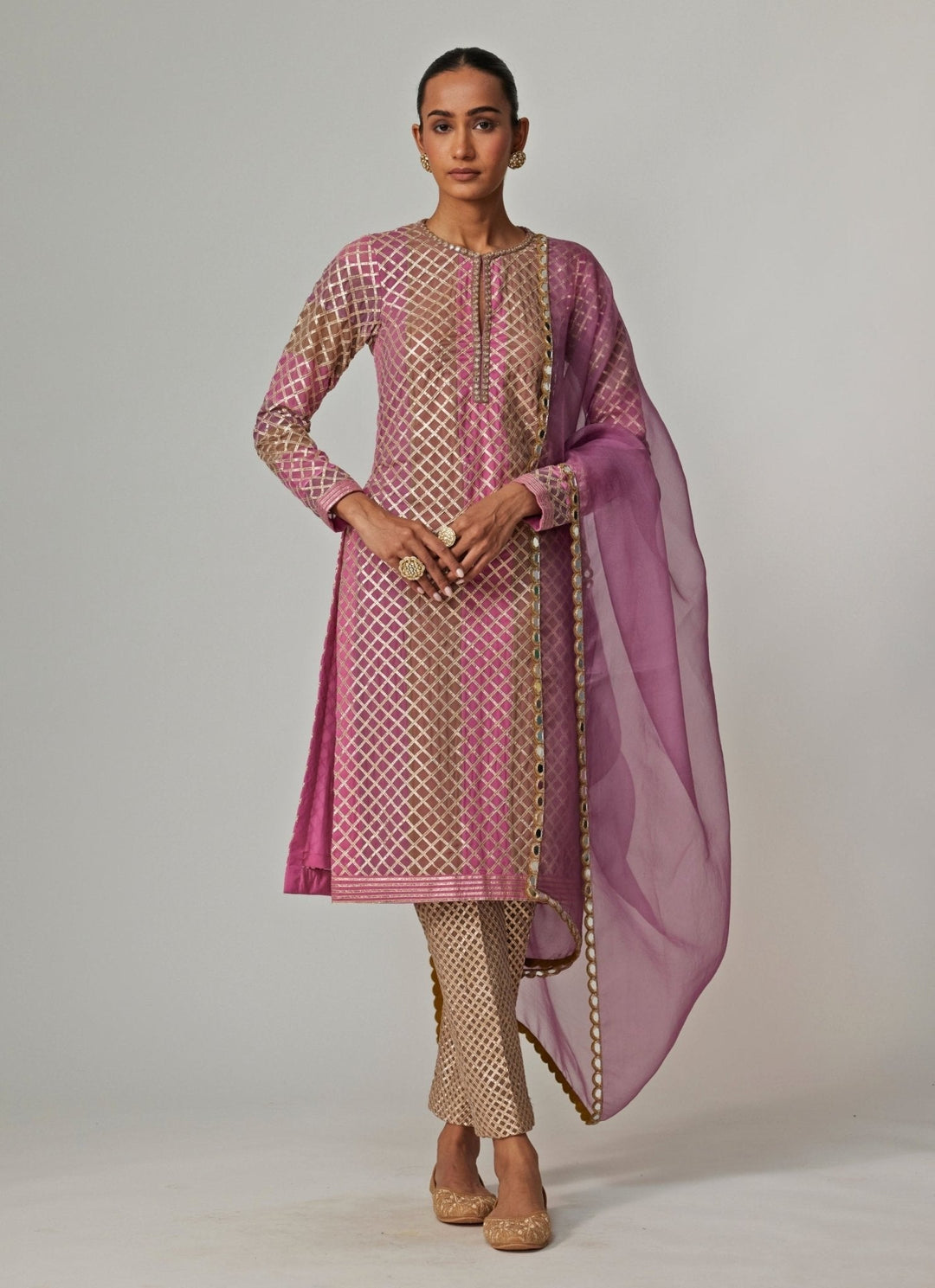 Lilac Multicolour Gota Embroidered Kurta Pants Set With Dupatta Vvani by Vani Vats - Fabilicious Fashion