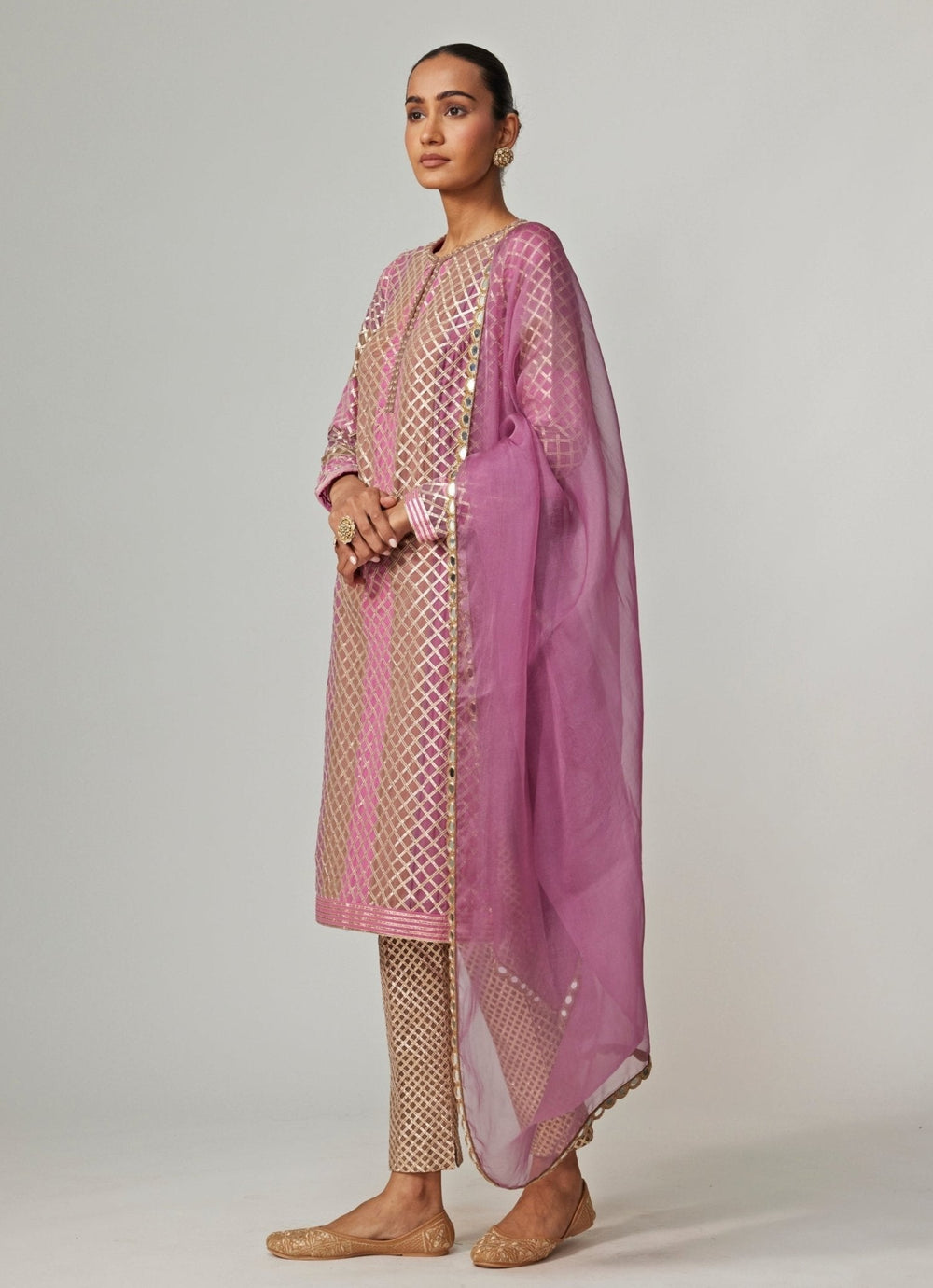 Lilac Multicolour Gota Embroidered Kurta Pants Set With Dupatta Vvani by Vani Vats - Fabilicious Fashion