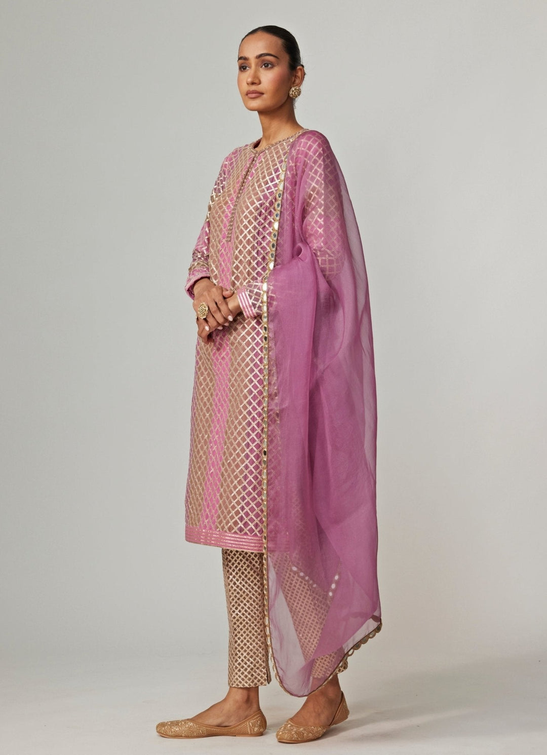 Lilac Multicolour Gota Embroidered Kurta Pants Set With Dupatta Vvani by Vani Vats - Fabilicious Fashion