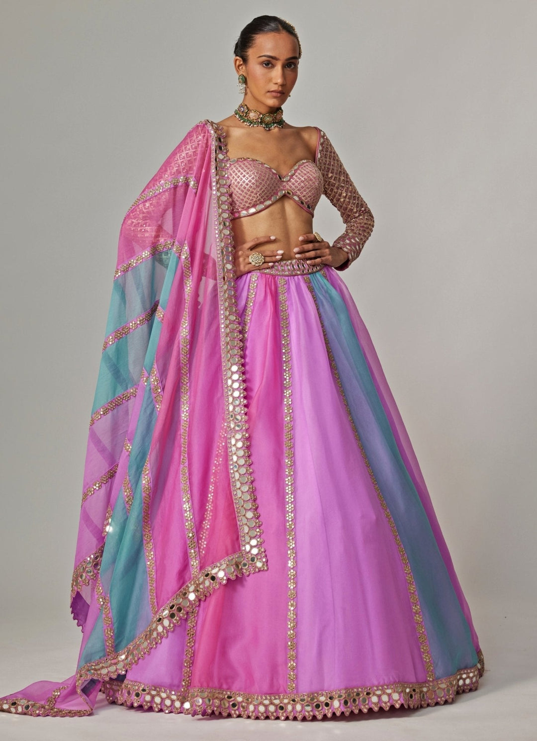 Lilac Multicolour Linear Embroidered Organza Lehenga Set Vvani by Vani Vats - Fabilicious Fashion