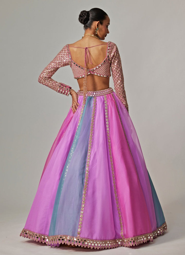 Lilac Multicolour Linear Embroidered Organza Lehenga Set Vvani by Vani Vats - Fabilicious Fashion