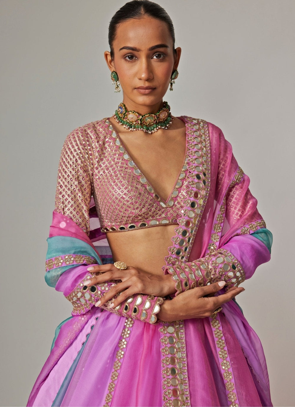 Lilac Multicolour Linear Embroidered Organza Lehenga Set Vvani by Vani Vats - Fabilicious Fashion