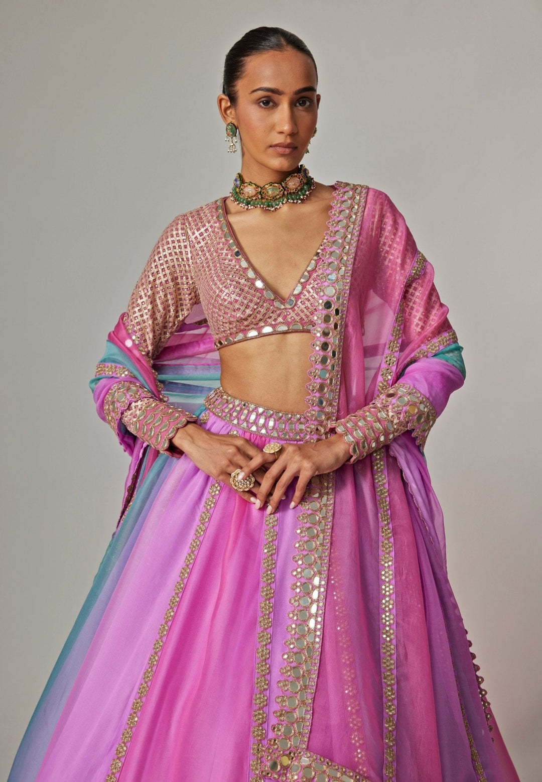 Lilac Multicolour Linear Embroidered Organza Lehenga Set Vvani by Vani Vats - Fabilicious Fashion
