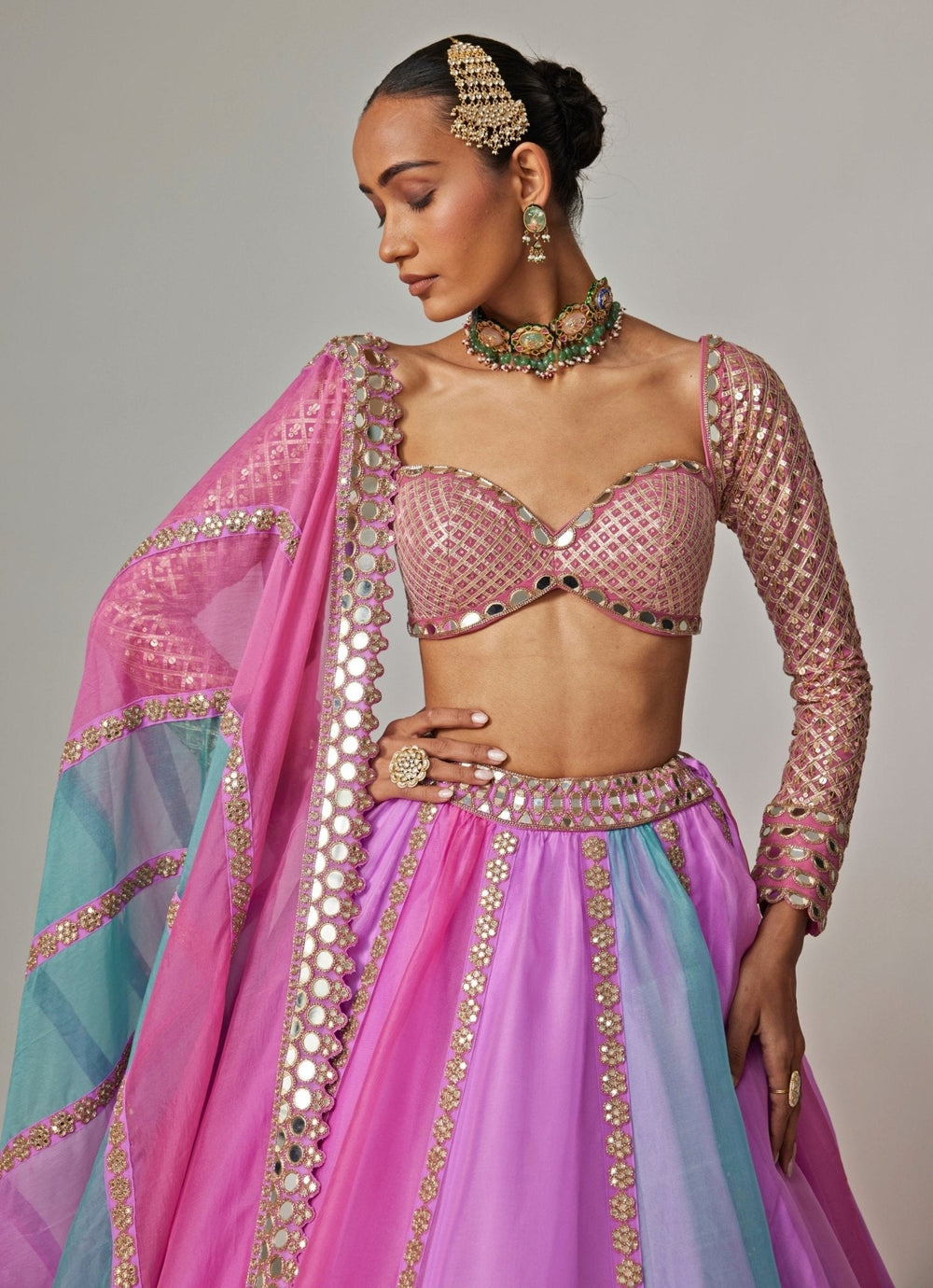 Lilac Multicolour Linear Embroidered Organza Lehenga Set Vvani by Vani Vats - Fabilicious Fashion