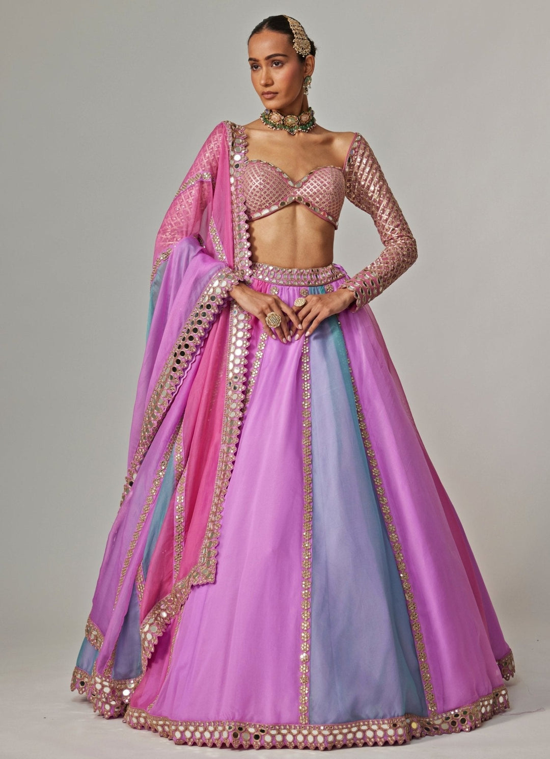 Lilac Multicolour Linear Embroidered Organza Lehenga Set Vvani by Vani Vats - Fabilicious Fashion