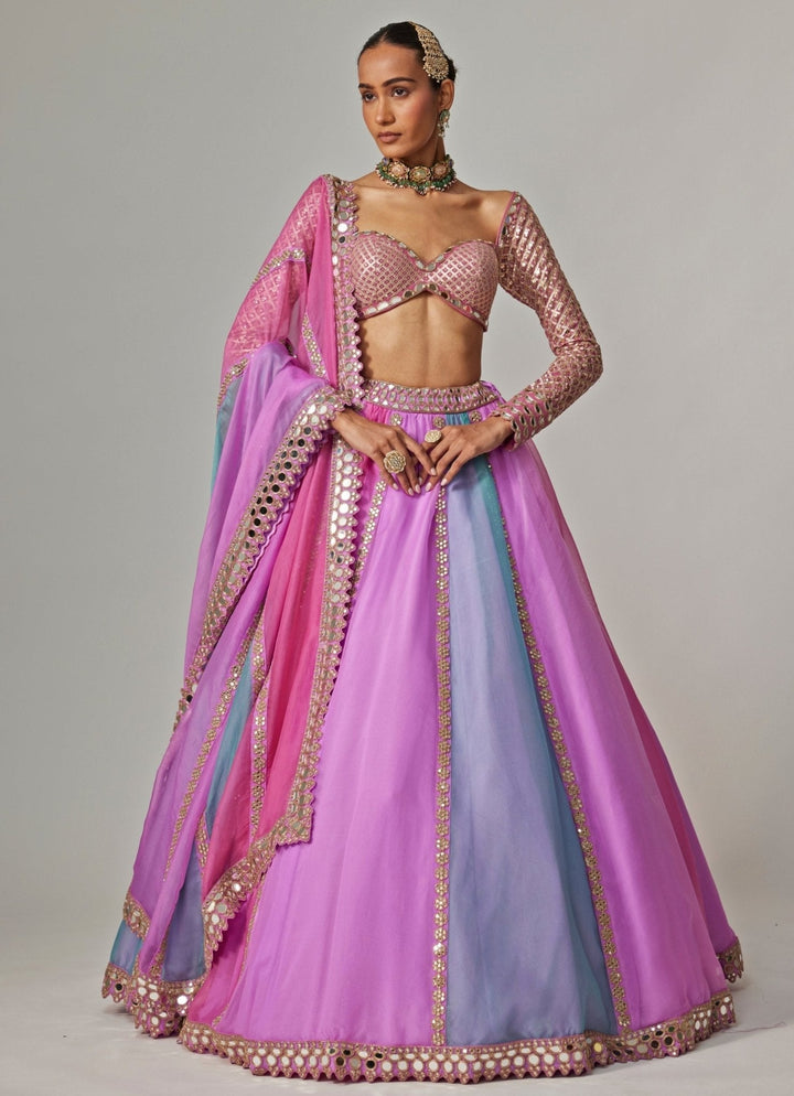 Lilac Multicolour Linear Embroidered Organza Lehenga Set Vvani by Vani Vats - Fabilicious Fashion
