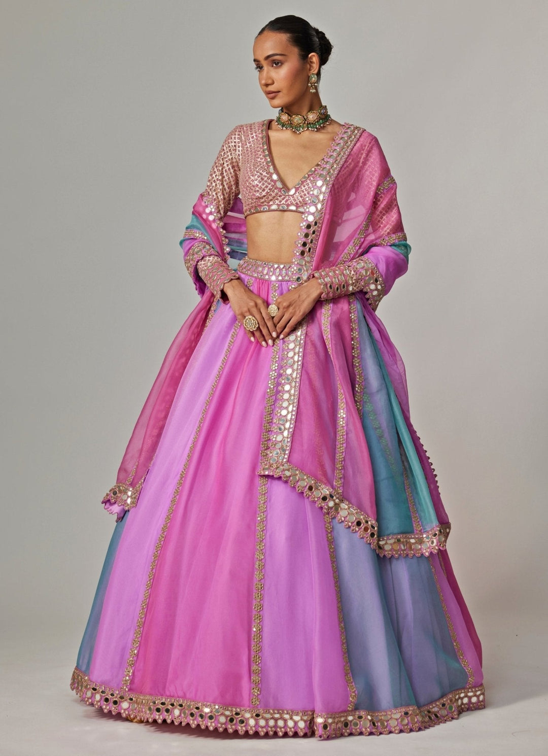 Lilac Multicolour Linear Embroidered Organza Lehenga Set Vvani by Vani Vats - Fabilicious Fashion