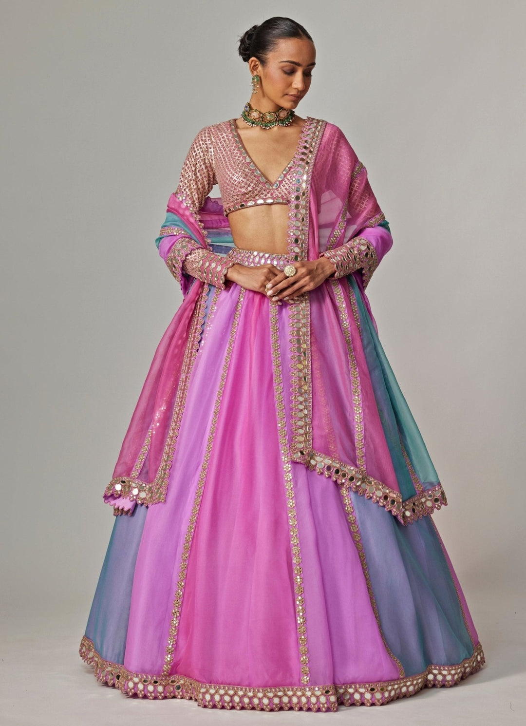 Lilac Multicolour Linear Embroidered Organza Lehenga Set Vvani by Vani Vats - Fabilicious Fashion