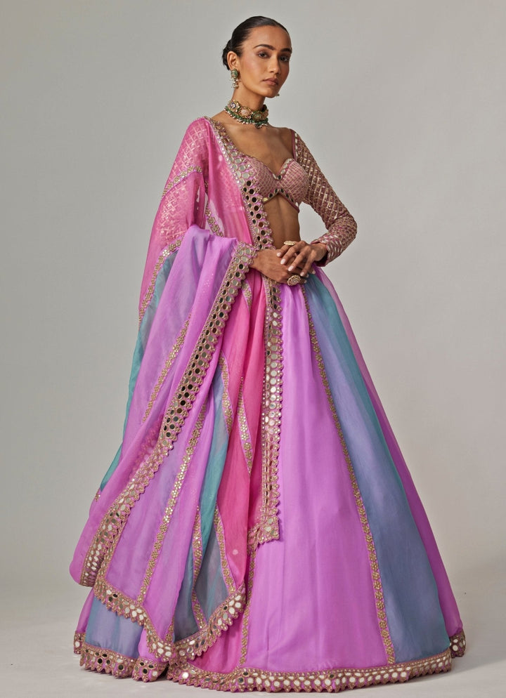 Lilac Multicolour Linear Embroidered Organza Lehenga Set Vvani by Vani Vats - Fabilicious Fashion