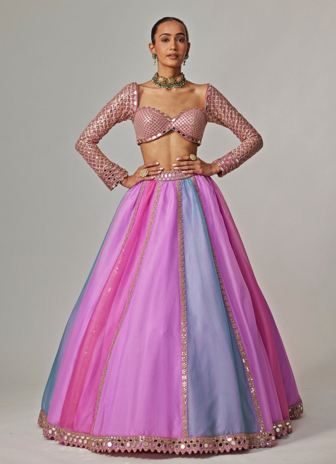 Lilac Multicolour Linear Embroidered Organza Lehenga Set Vvani by Vani Vats - Fabilicious Fashion
