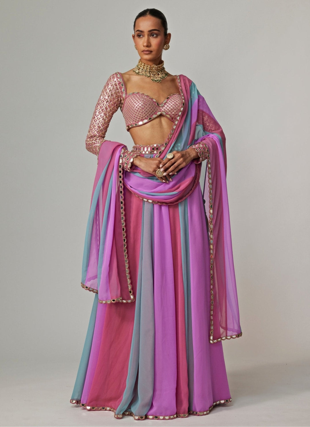 Lilac Multicolour Sequins Embroidered Lehenga Pants Set Vvani by Vani Vats - Fabilicious Fashion