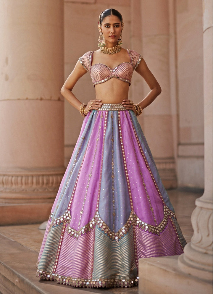 Lilac Multicolour Sequins Embroidered Organza Lehenga Set Vvani by Vani Vats - Fabilicious Fashion